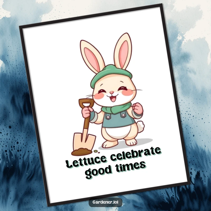 Funny Free Printable Wall Art: Giggling rabbit wearing gardening gloves with a spade, bringing joy.