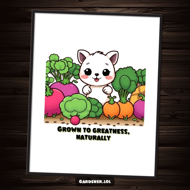 Funny Free Printable Wall Art: A happy character tending to a row of comically large vegetables in a whimsical garden setting.
