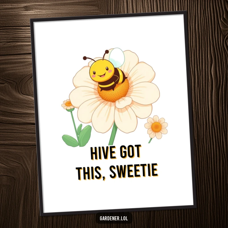 Funny Free Printable Wall Art: Smiling bee hovering over a large blooming flower, adding cheerful decor.