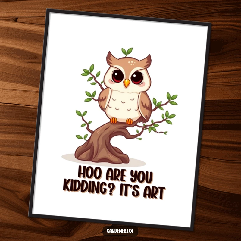 Funny Free Printable Wall Art: A cheerful owl carefully prunes a bonsai tree, creating a serene and humorous visual.