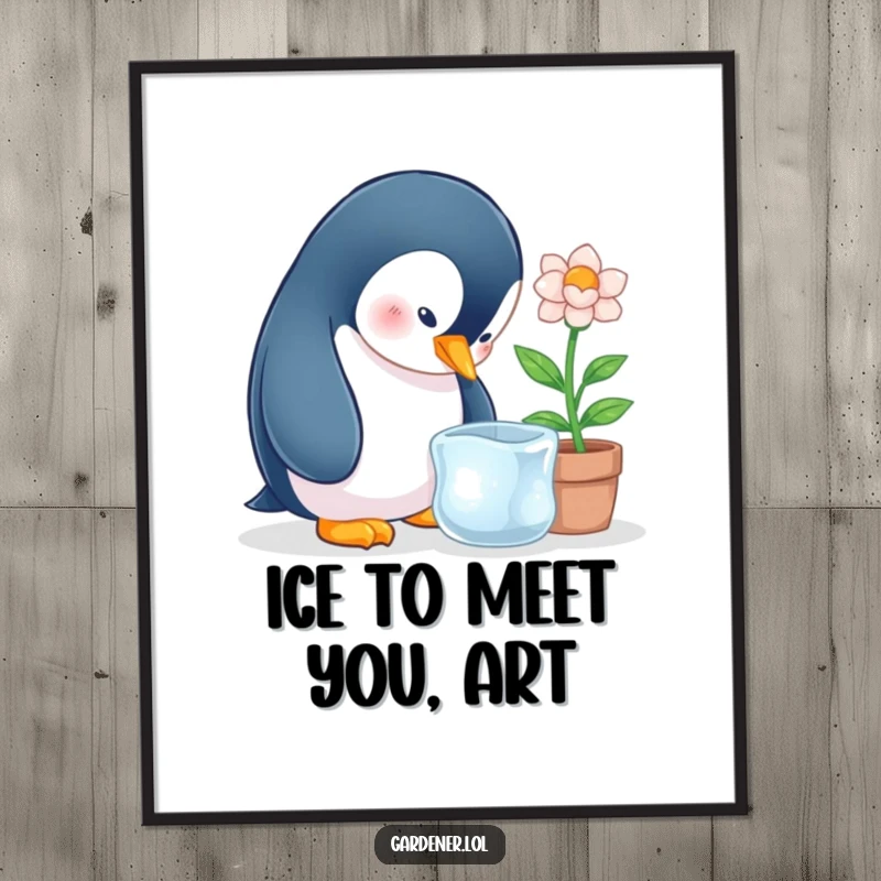 Funny Free Printable Wall Art: A curious penguin gently tends to a potted ice flower, creating a whimsical and cool scene.