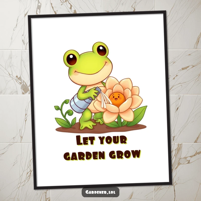 Funny Free Printable Wall Art: A happy Kawaii frog gardener is watering a giant, smiling flower with delight.