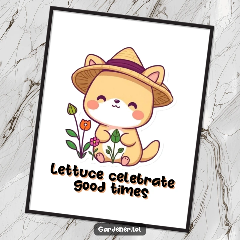 Funny Free Printable Wall Art: A cute animal character in a straw hat, looking absolutely delighted at flourishing plants.