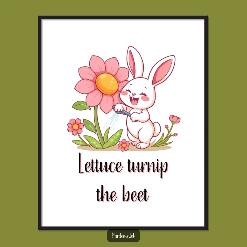 Funny Free Printable Wall Art: Happy Rabbit Watering Giant Flower Downloadable DIY Decor