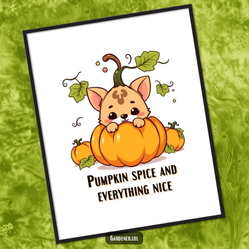 Funny free printable wall art: a mischievous animal character hides playfully behind a large, festive pumpkin.