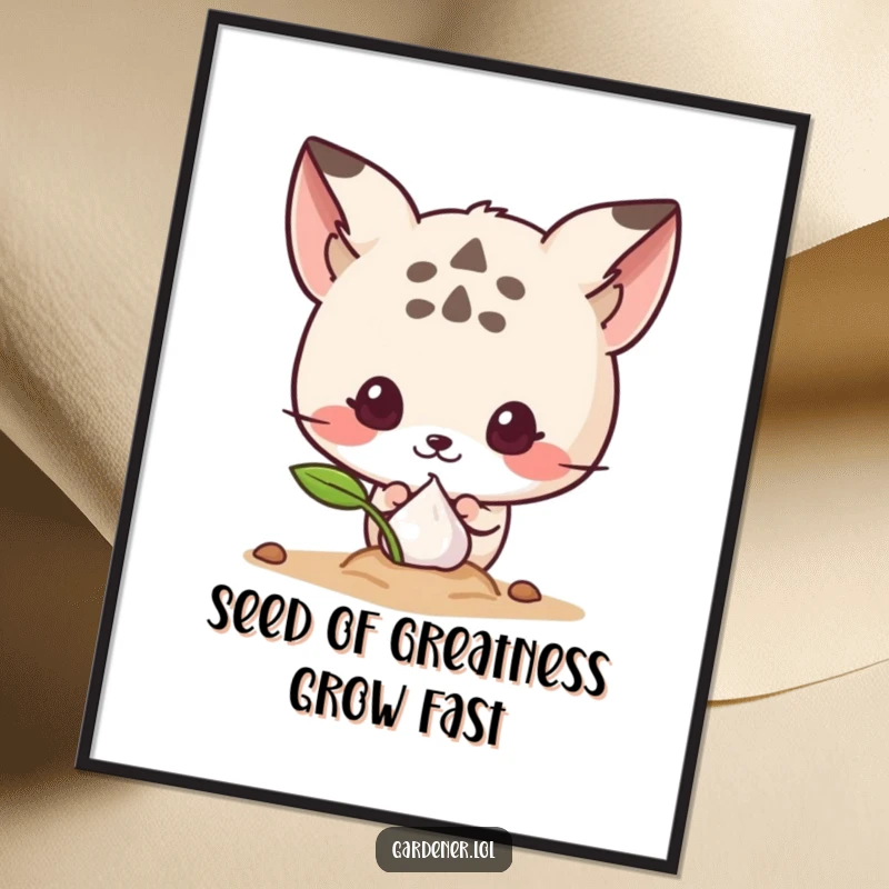 Funny Free Printable Wall Art: Cute curious animal peeking intently at a tiny, magical sprouting seed, full of wonder.