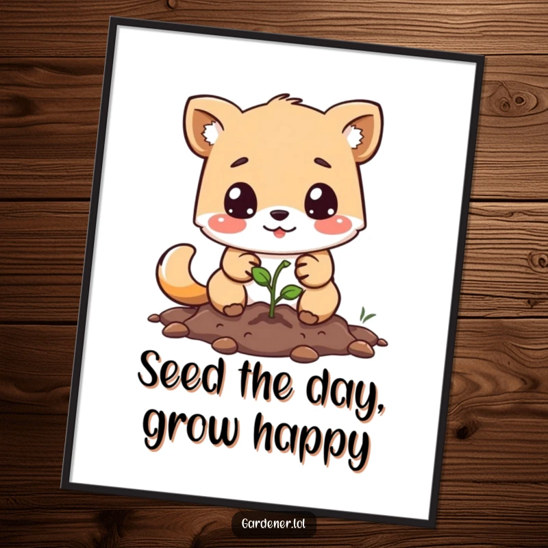 Funny Free Printable Wall Art: Amusing animal character planting a tiny seed with a look of utmost concentration and joy.