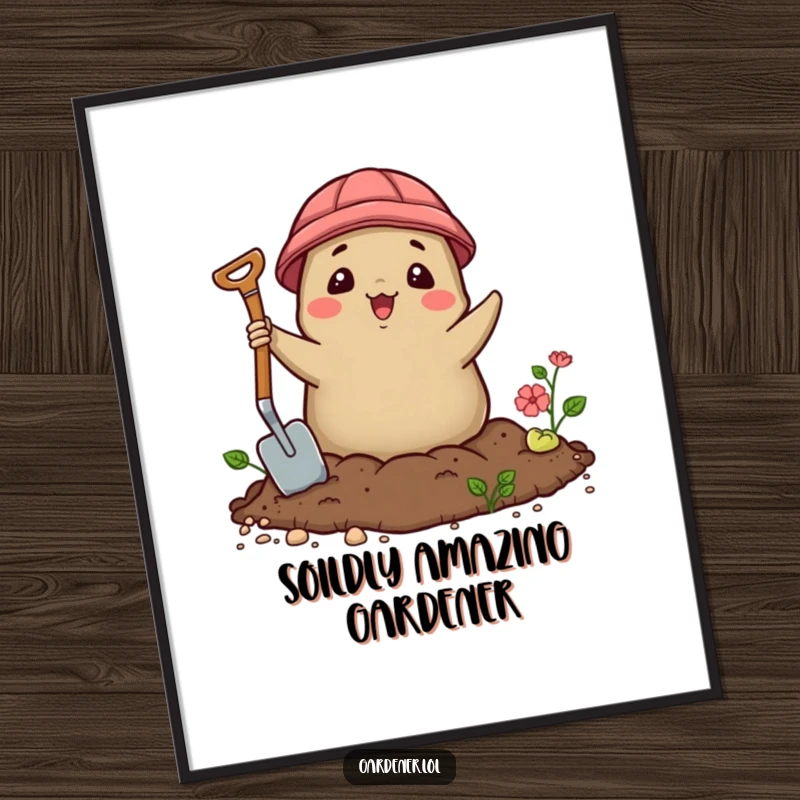 Funny Free Printable Wall Art: Delighted Kawaii Mole gardener popping out of soil with a trowel, whimsical downloadable decor.