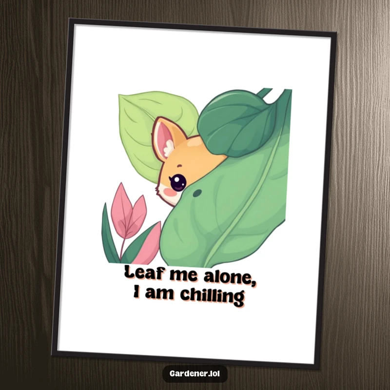 Funny Free Printable Wall Art: Cute animal peeking curiously from behind a large, lush leaf, adding playful decor.