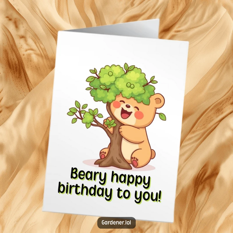 Funny Free Printable Birthday Card: A joyful bear meticulously prunes a tiny tree with great care and a smile.