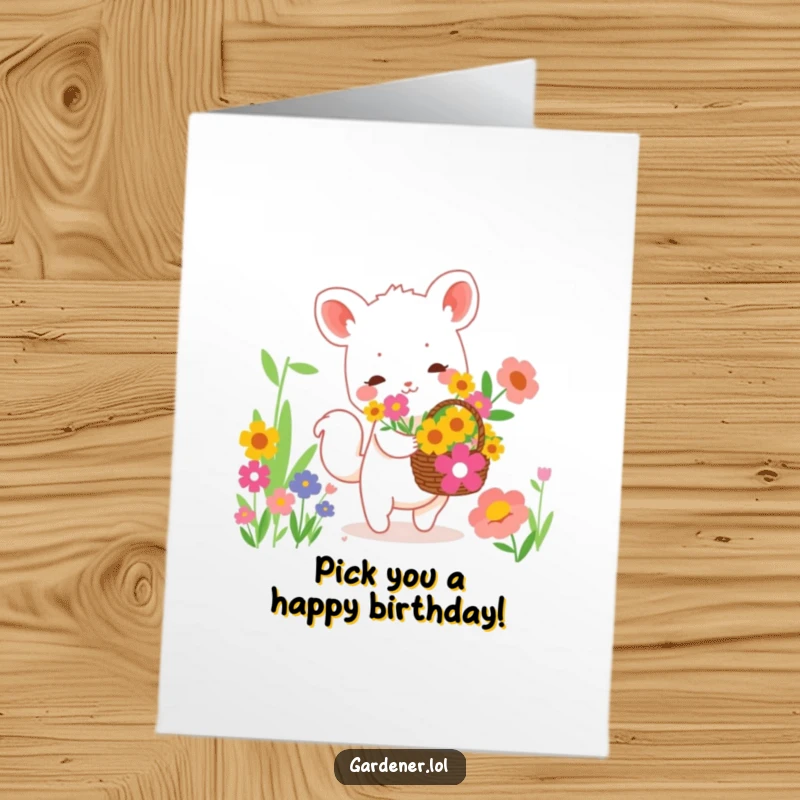 Funny Free Printable Birthday Card: Cute animal happily collecting vibrant flowers in a basket, celebrating a birthday.