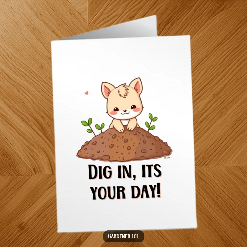 Funny Free Printable Animal Birthday Card: Character digging in a huge soil pile for birthday fun.