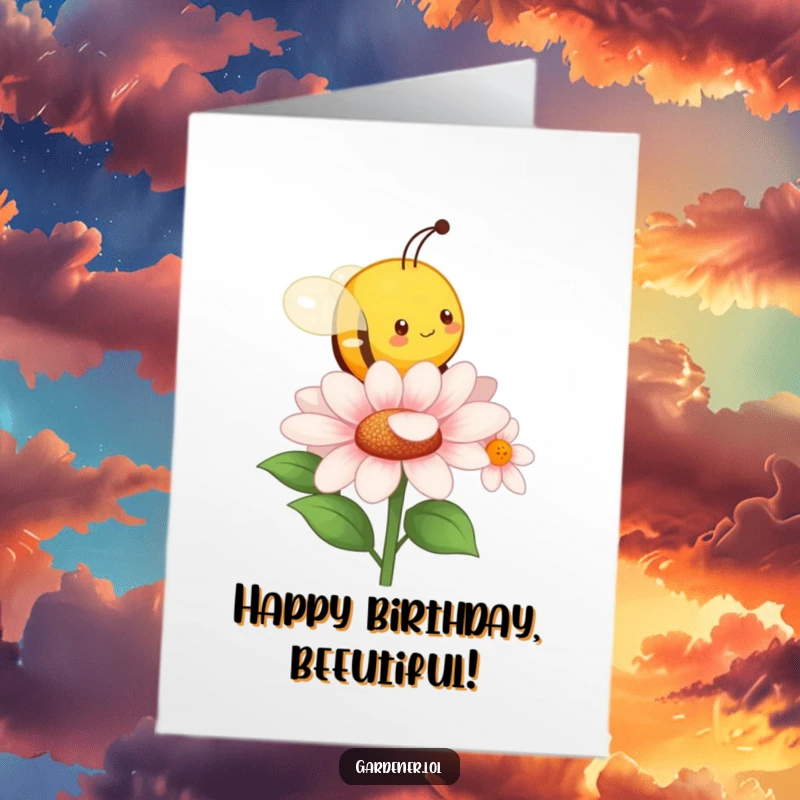 Funny Free Printable Birthday Card: Character imitating a busy bee, buzzing energetically around a flower for a joyful greeting.
