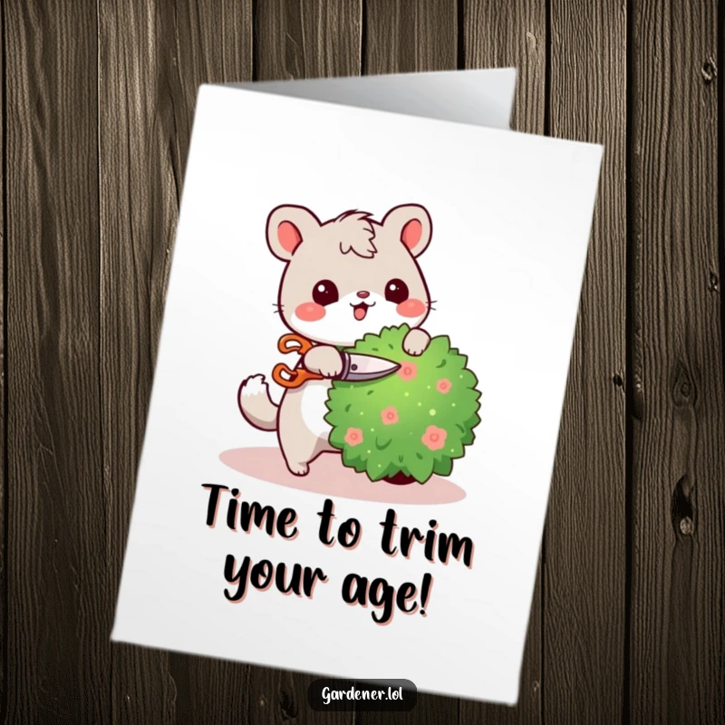 Funny Free Printable Birthday Card: Cute animal happily pruning a small bush with tiny shears, embodying gardening joy and birthday cheer.