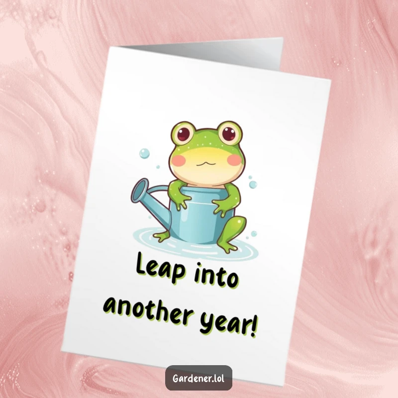 Funny Free Printable Birthday Card: Playful frog splashing in watering can, happy birthday wishes, a DIY gift.