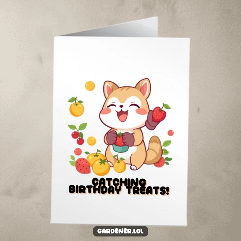 Funny Free Printable Birthday Card: A joyful animal character uses gardening gloves to catch falling fruit with a happy expression.