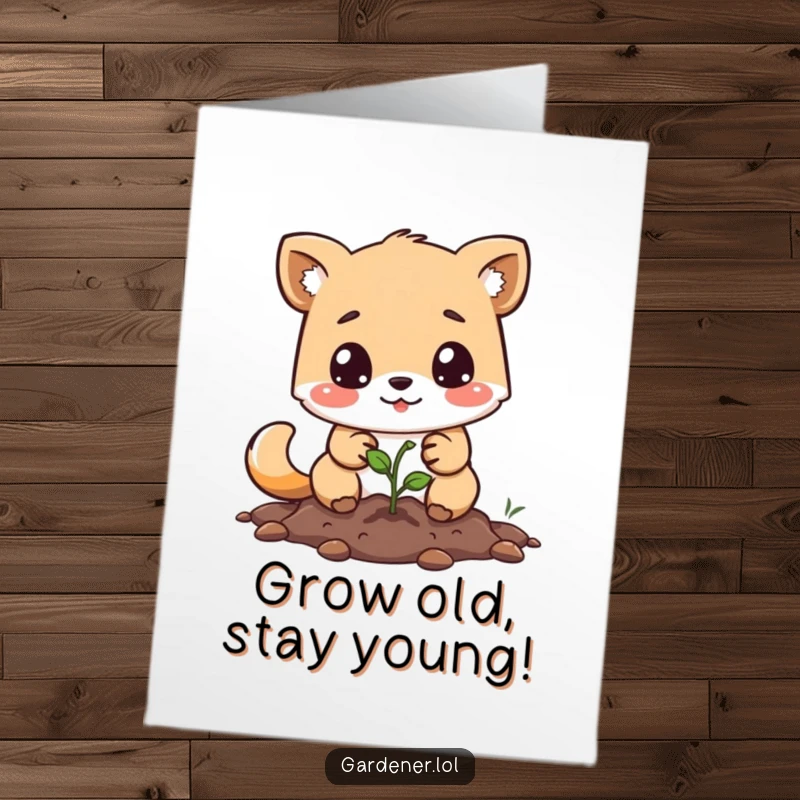 Funny Free Printable Birthday Card: Cute animal character happily planting a tiny seed with a look of pure determination.