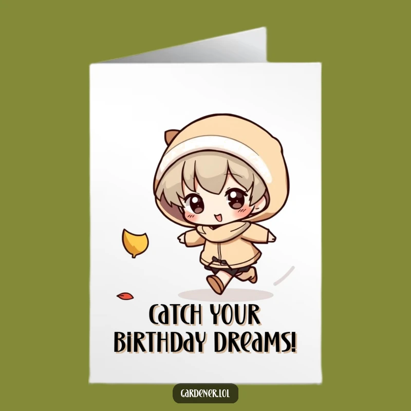 Free Printable Birthday Card: Funny Autumn Leaf Chase, Humorous Downloadable Gift