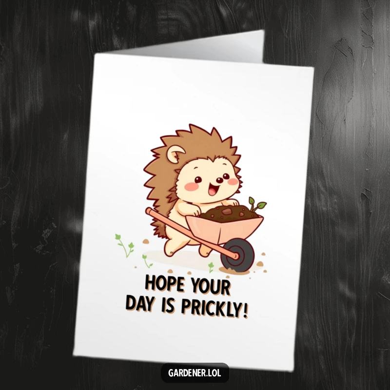Funny Free Printable Birthday Card: Chubby hedgehog excitedly pushing a wheelbarrow full of soil, ready for birthday fun.
