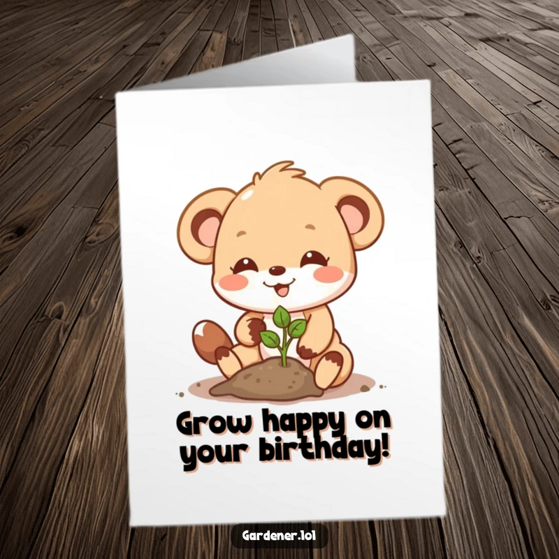 Funny Free Printable Birthday Card: A cute animal plants a seedling with a determined, happy smile, symbolizing growth and joy.
