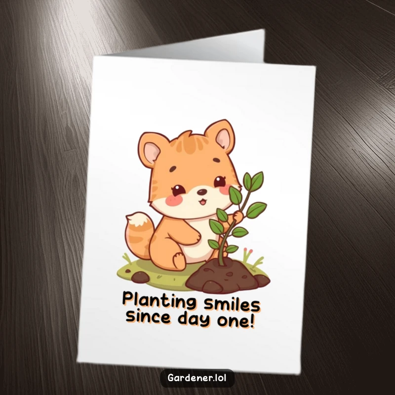Funny Free Printable Birthday Card: Cute animal happily planting a small sapling, symbolizing growth and celebration.
