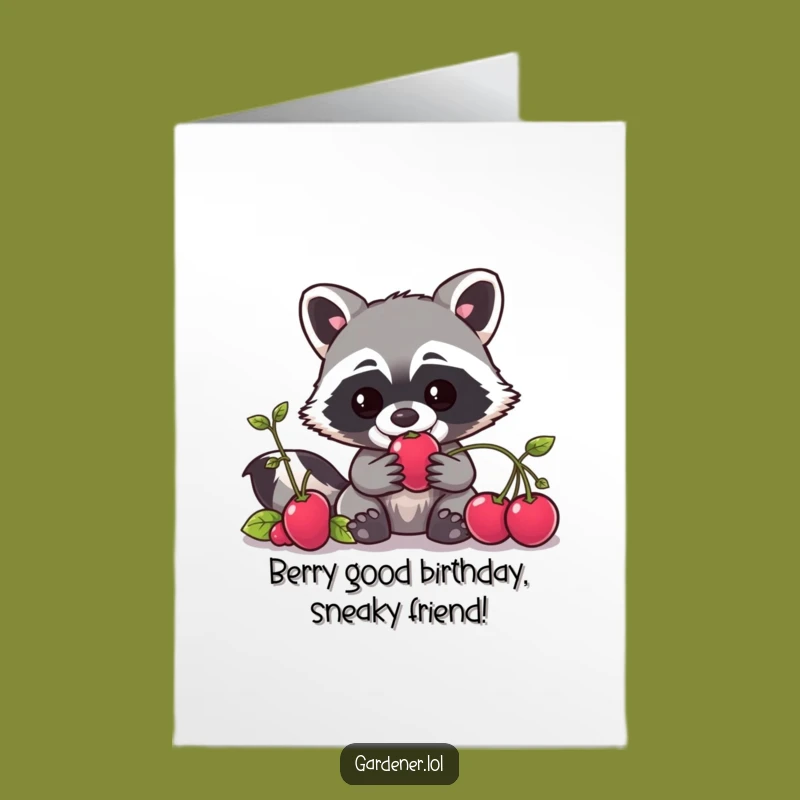 Free Printable Birthday Card: Mischievous Raccoon Gardener Stealing Berries, Funny Downloadable Gift