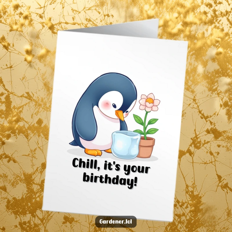 Funny Free Printable Birthday Card: A curious penguin gently tends to a delicate ice flower, celebrating with frosty fun.