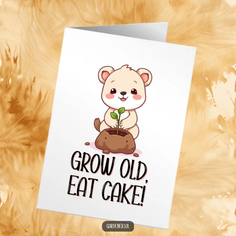 Funny Free Printable Birthday Card: Cute animal gently planting a smiling seed, symbolizing growth and new beginnings.