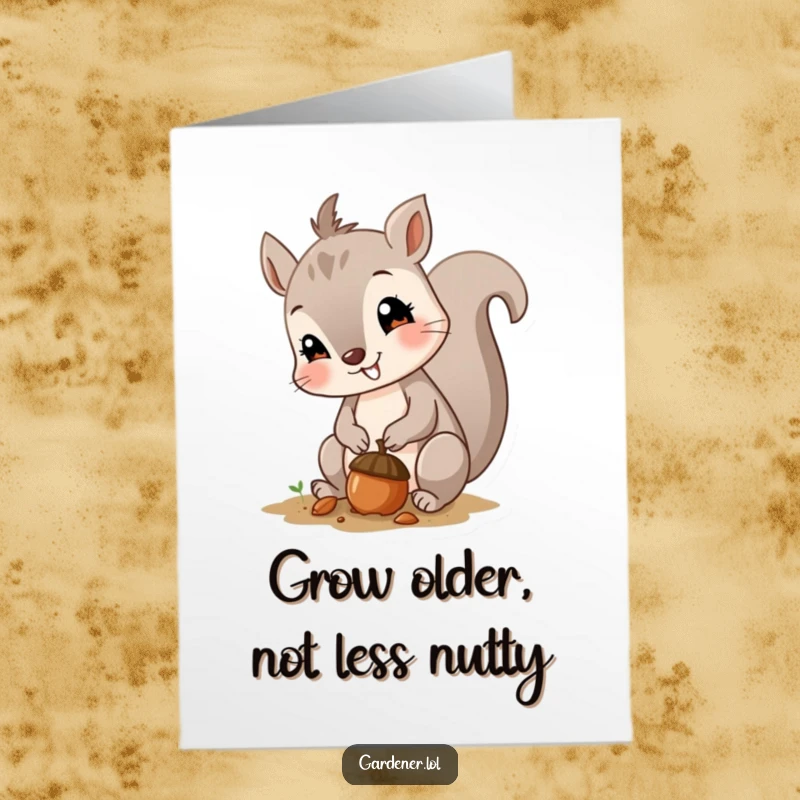 Funny Free Printable Birthday Card: A curious squirrel smiles while planting a tiny acorn, symbolizing new beginnings.