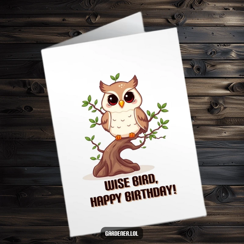 Funny Free Printable Birthday Card: A cheerful owl carefully prunes a tiny bonsai tree, celebrating with a witty smile.