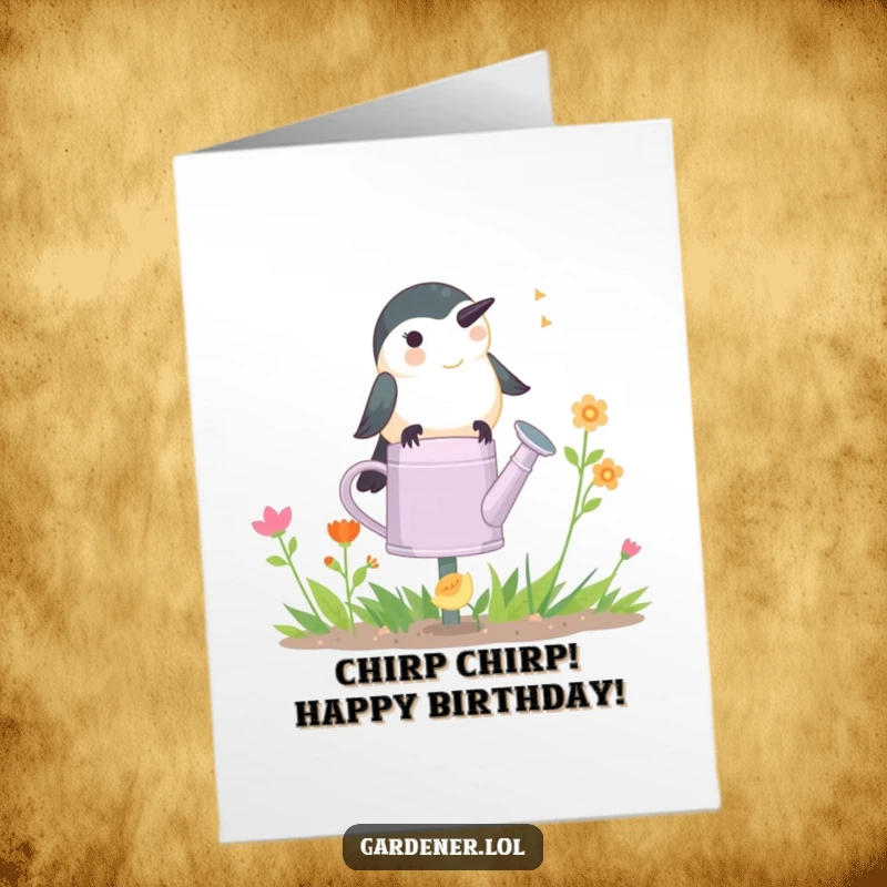 Funny Free Printable Chickadee Gardener Birthday Card, perched on a watering can, chirping happy birthday wishes.