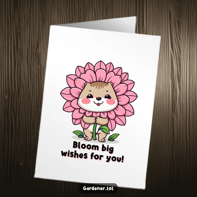 Funny Free Printable Birthday Card: A cheerful animal gardener proudly presents a ridiculously large flower, celebrating a grand birthday.