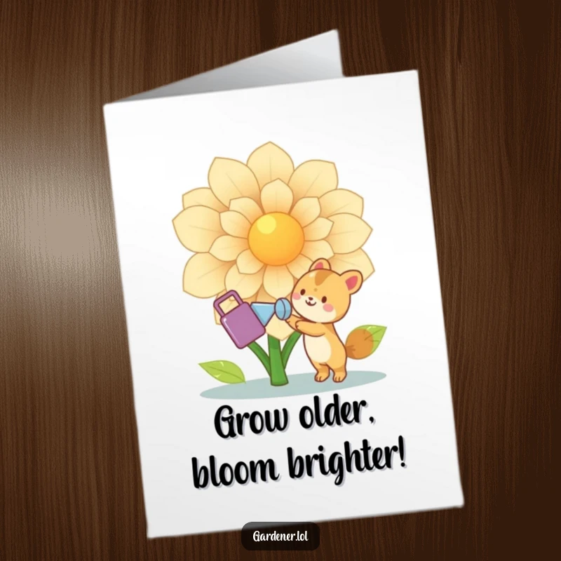 Funny Free Printable Birthday Card: Cute animal joyfully waters a giant flower, celebrating growth and happiness.