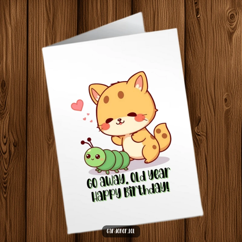 Funny Free Printable Birthday Card: Cute animal playfully shooing away a determined cartoon caterpillar, celebrating a birthday.