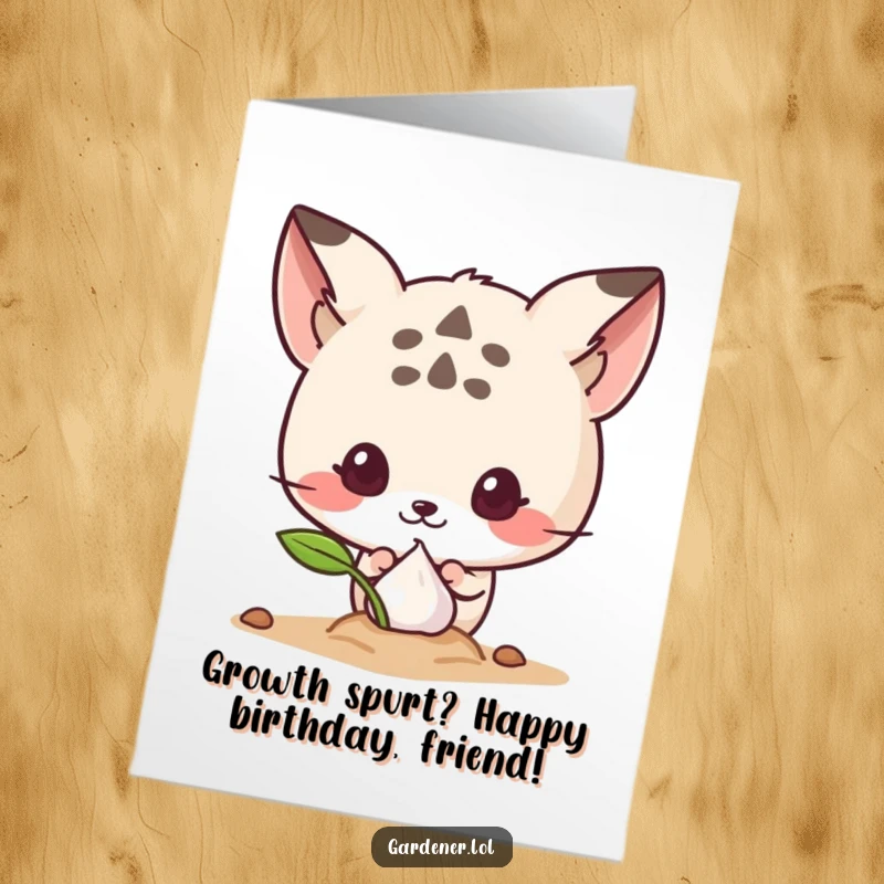 Funny Free Printable Birthday Card: Cute animal peeking curiously at a tiny sprouting seed, full of wonder and humor.
