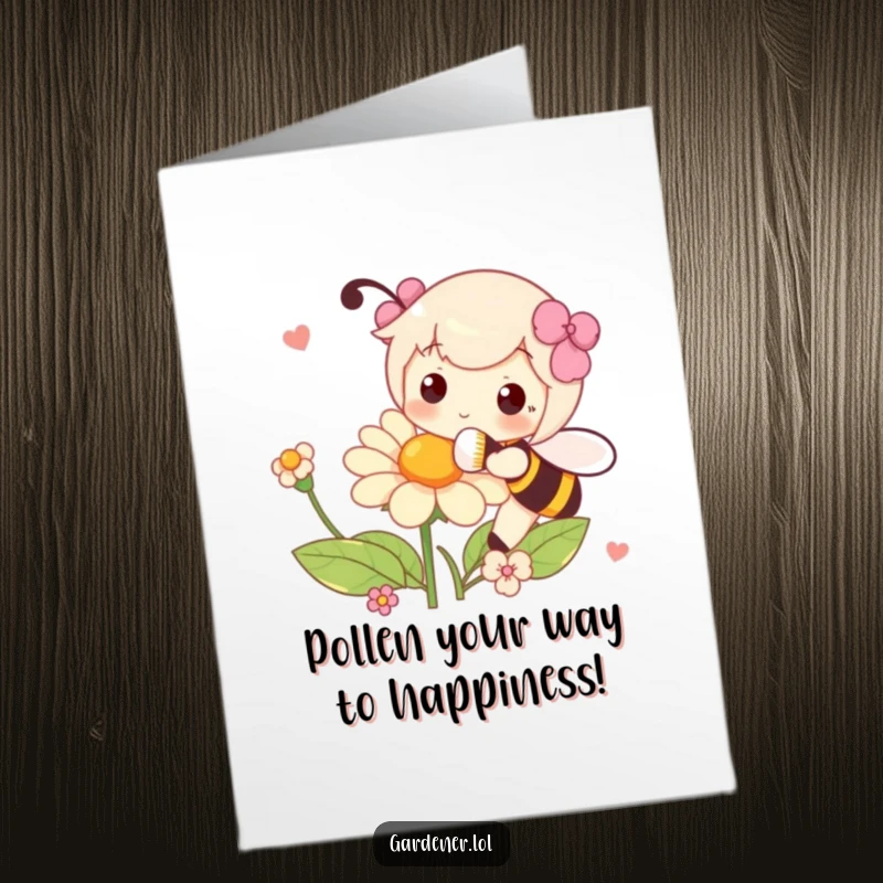 Funny free printable birthday card depicting a character gently pollinating a flower with a fluffy brush, spreading birthday joy.
