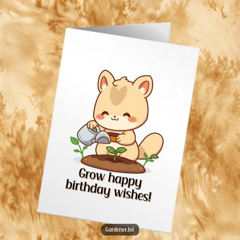 Funny Free Printable Birthday Card: A cute animal gardener happily waters a tiny sprout, wishing a day full of growth and joy.