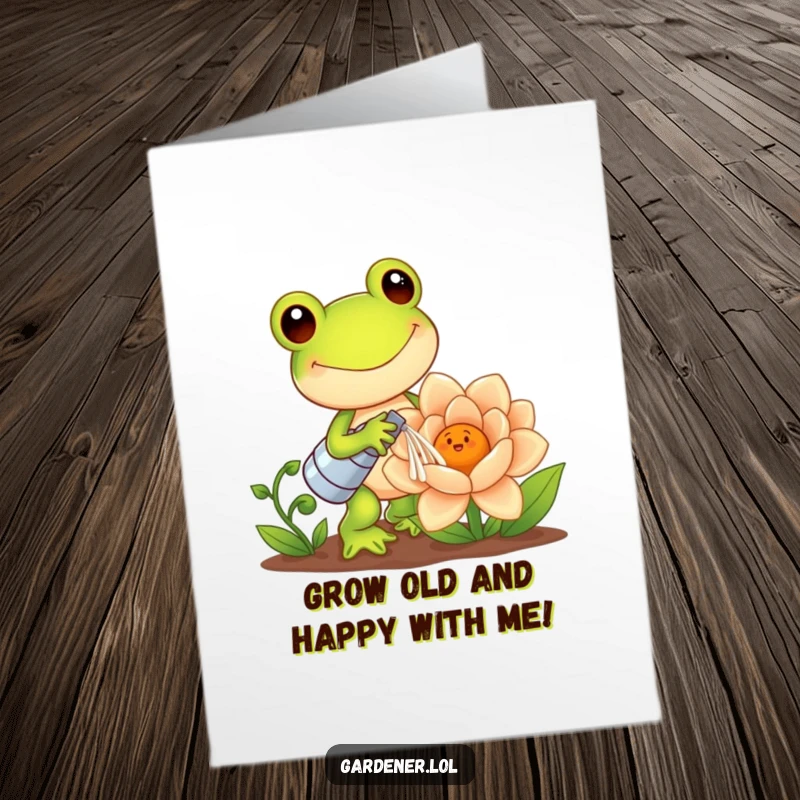 Funny Free Printable Birthday Card: Cute Kawaii frog gardener happily waters a giant, smiling flower, celebrating the day.