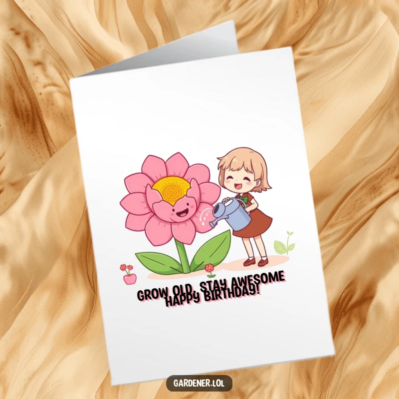 Funny free printable birthday card featuring a character watering a giant smiling flower, spreading cheer and downloadable joy.