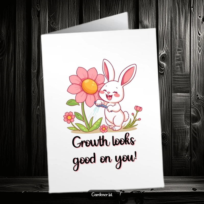 Funny Free Printable Birthday Card: Happy rabbit gleefully watering a giant smiling flower, perfect for a joyous celebration.