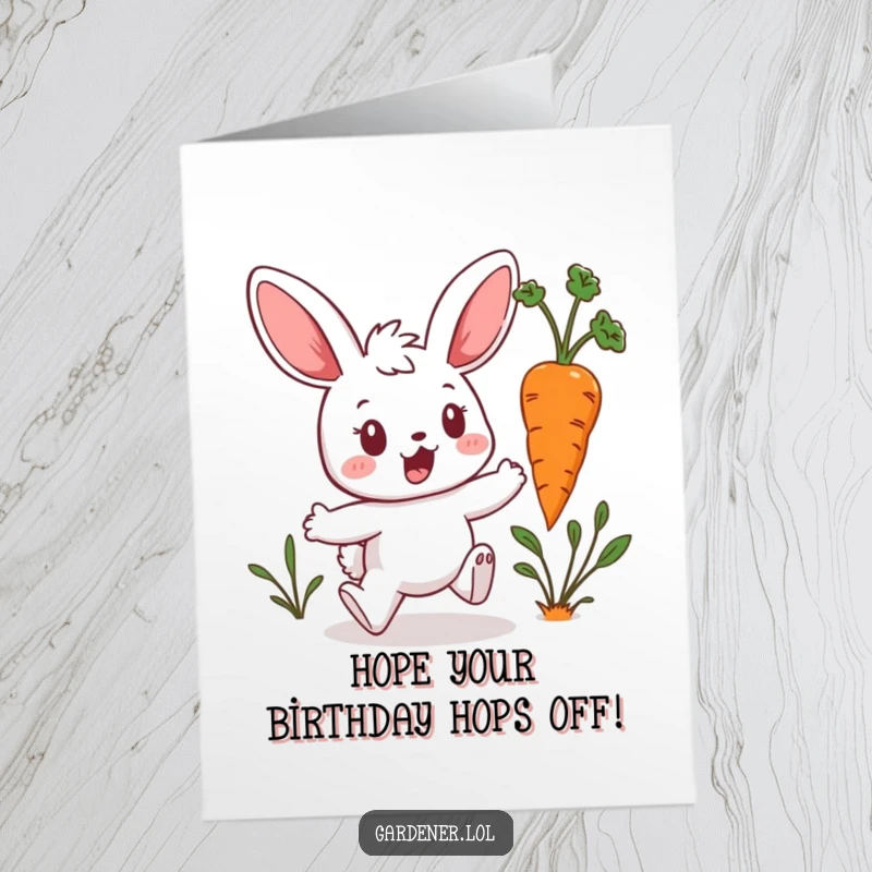 Funny Free Printable Birthday Card: Surprised Kawaii bunny gardener hops away from a rogue, hopping carrot, birthday surprise.
