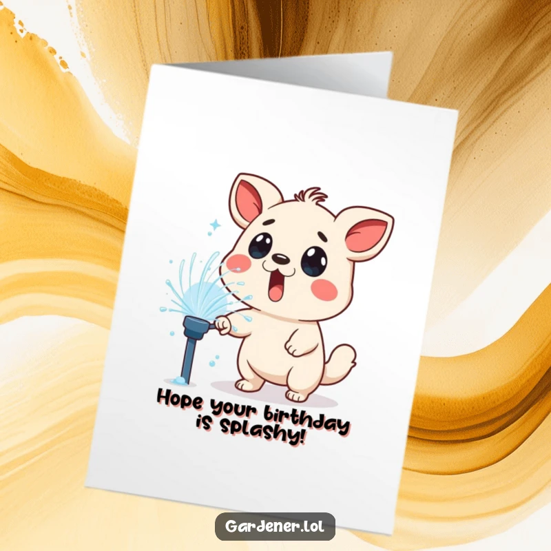 Funny free printable birthday card: a surprised animal character gets playfully sprayed by a garden sprinkler on a sunny day.