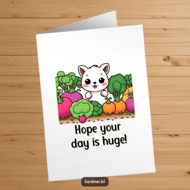 Funny Free Printable Birthday Card: A happy animal character lovingly tends to comically large vegetables, celebrating growth.