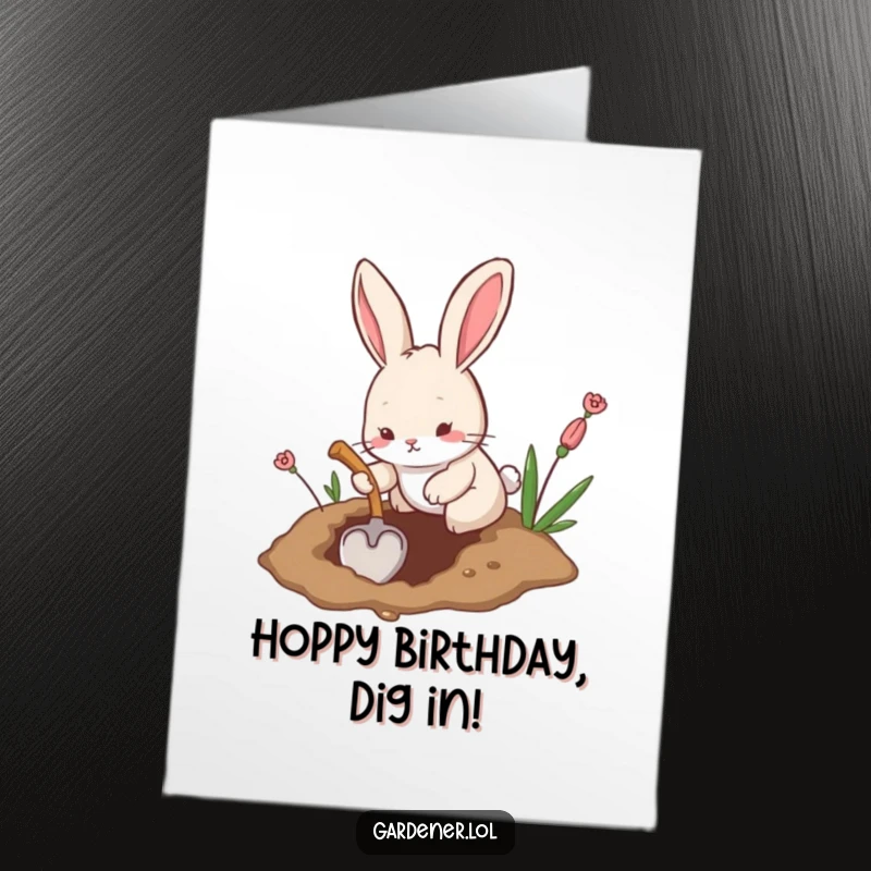 Funny Free Printable Birthday Card: A cute rabbit enthusiastically digging a hole with a small toy shovel.