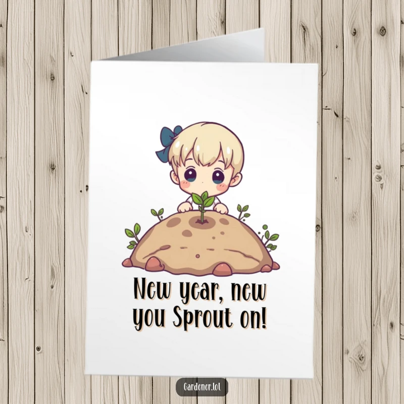 Funny free printable birthday card showing a character admiring a tiny sprout emerging from the earth, celebrating new beginnings.