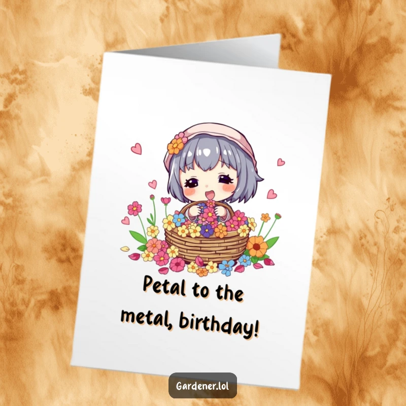 Funny Free Printable Birthday Card: Character excitedly collects colorful flower petals in a basket for a birthday.