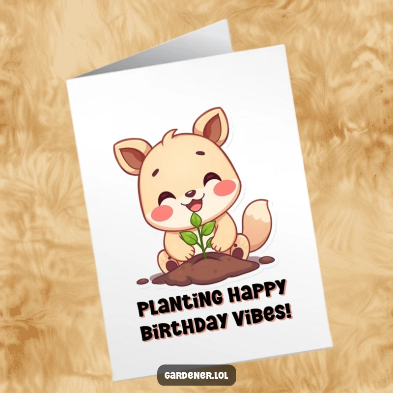 Funny Free Printable Birthday Card: A happy animal character plants a tiny seedling with a big smile, symbolizing growth.