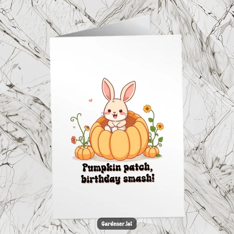 Funny Free Printable Birthday Card: A gleeful rabbit leaps into a massive pumpkin, ready for a birthday surprise!