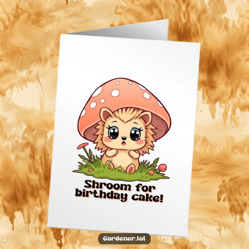 Funny Free Printable Birthday Card: Surprised hedgehog peeking from mushroom, ready to send giggles.