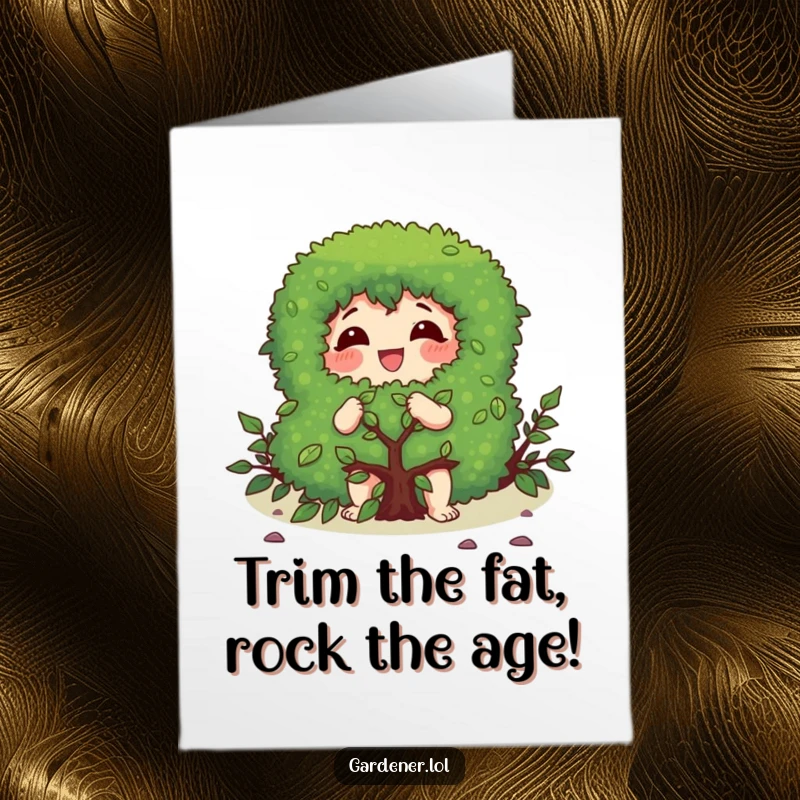 Funny free printable birthday card showing a character gleefully pruning a bush with focus, shaping up birthday fun.